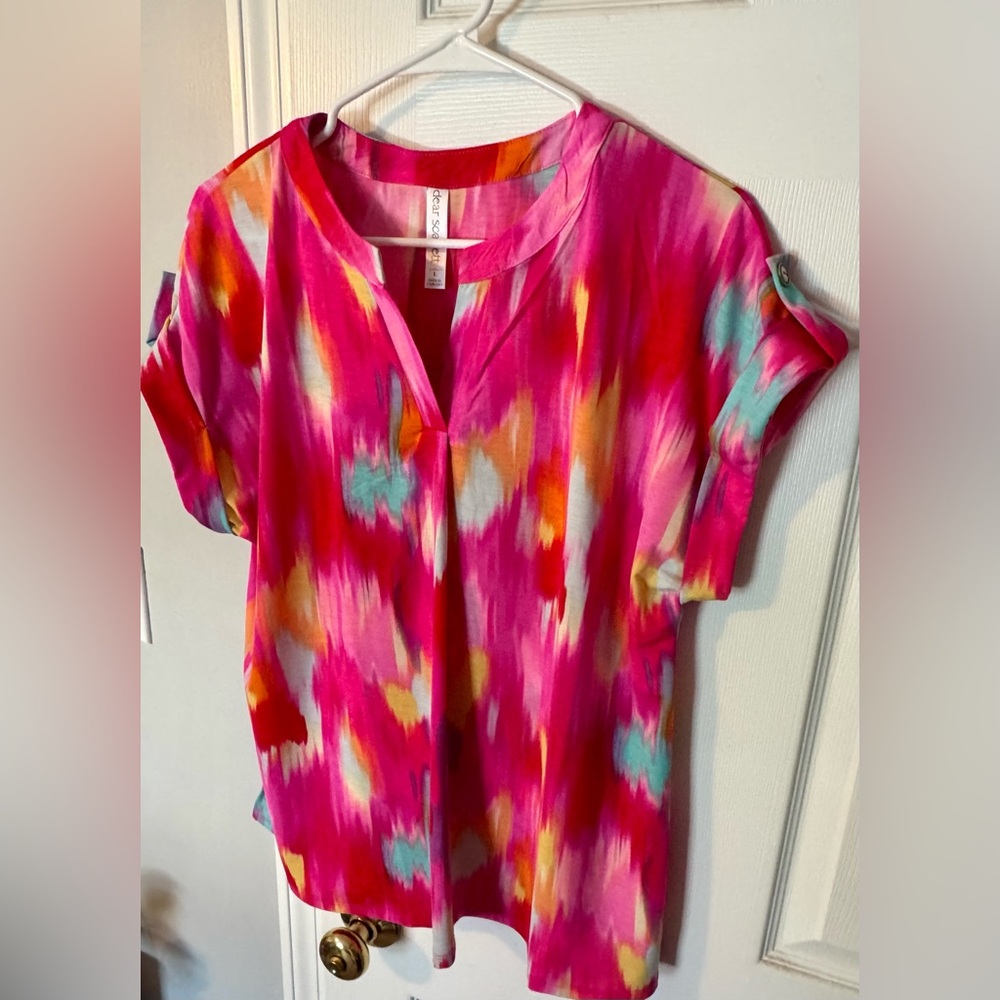 Dear Scarlett Colorful Short Sleeve V-Neck Top - Pink Multi